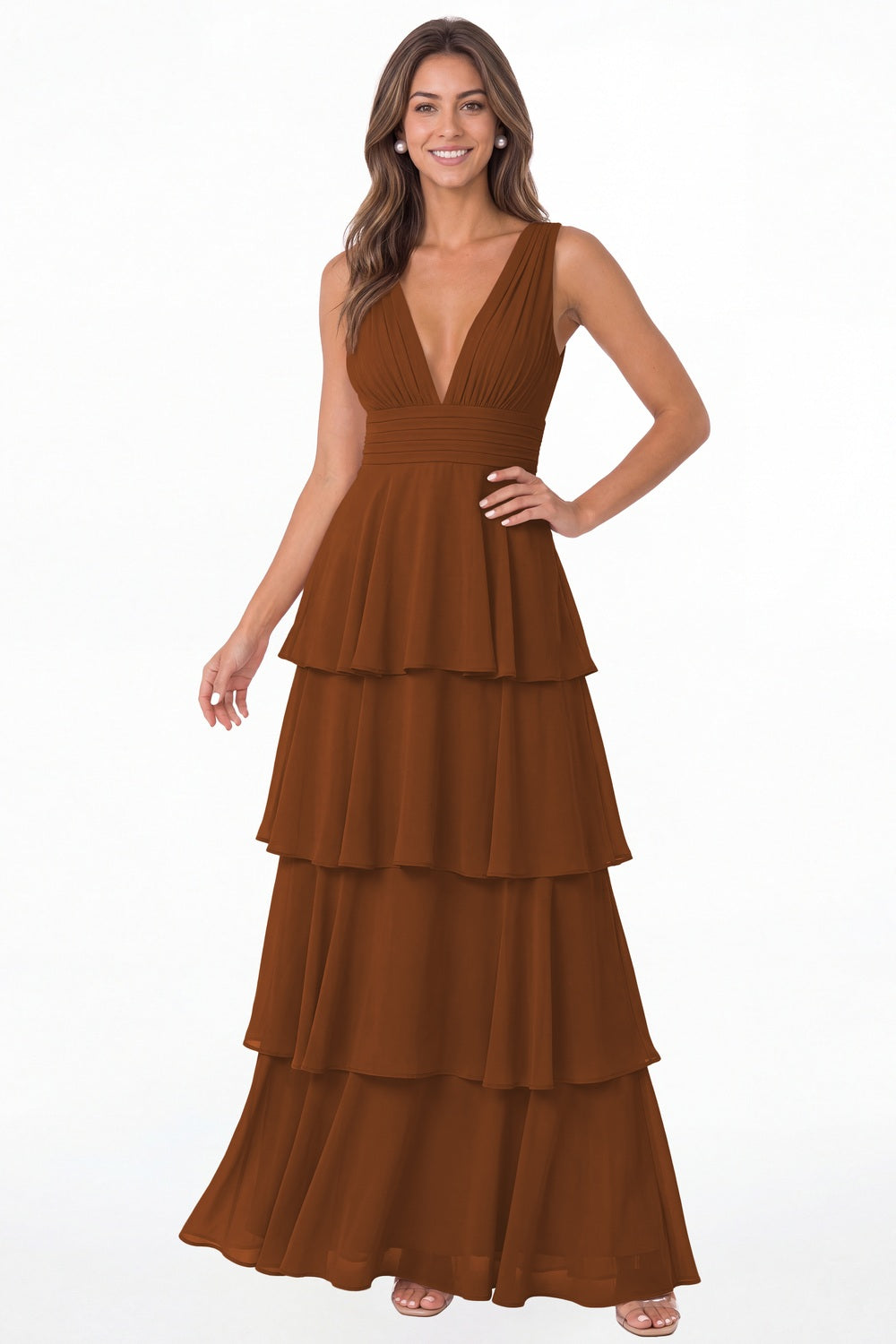 Burnt Orange V Neck Tiered Chiffon Maxi Bridesmaid Dress - Front View