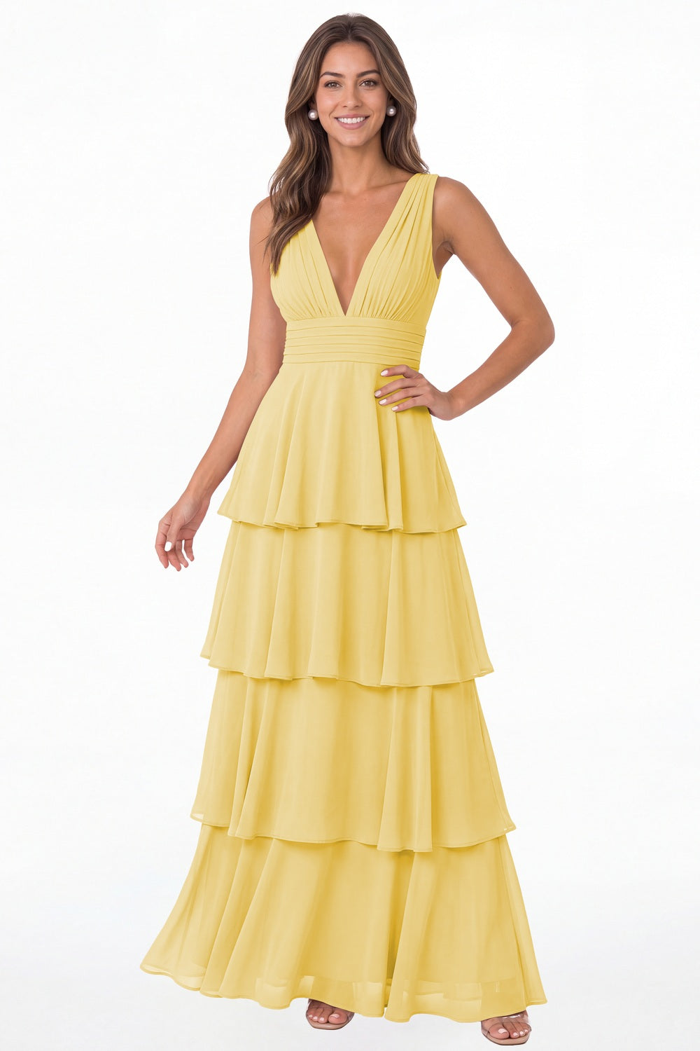 Butter Yellow V Neck Tiered Chiffon Maxi Bridesmaid Dress - Front View