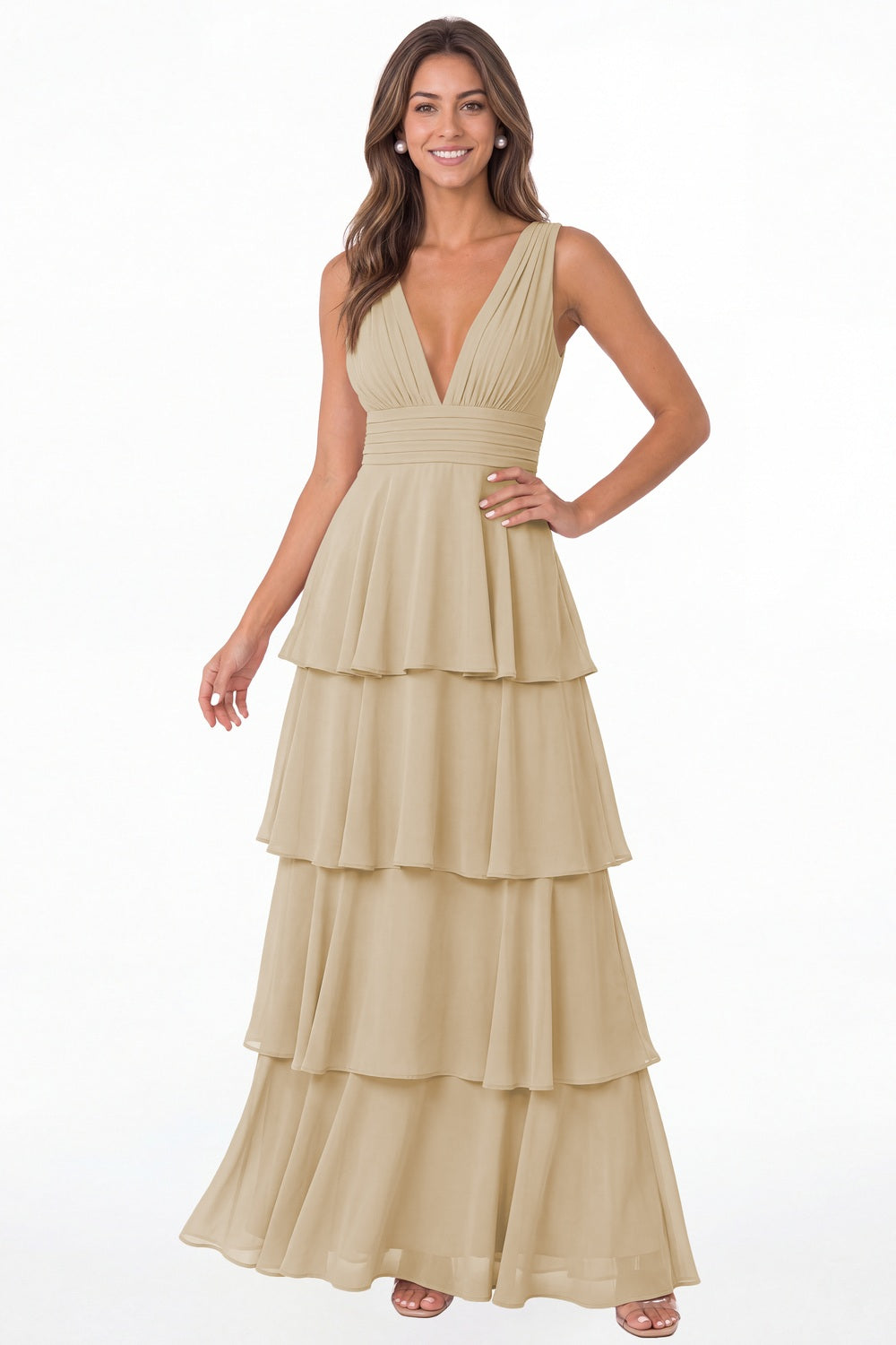 Champagne V Neck Tiered Chiffon Maxi Bridesmaid Dress - Front View