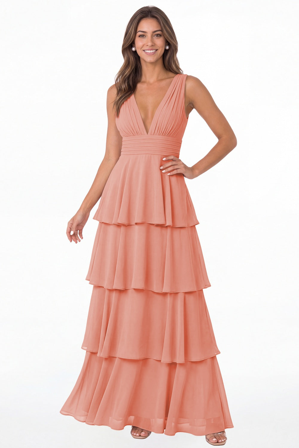 Coral V Neck Tiered Chiffon Maxi Bridesmaid Dress - Front View
