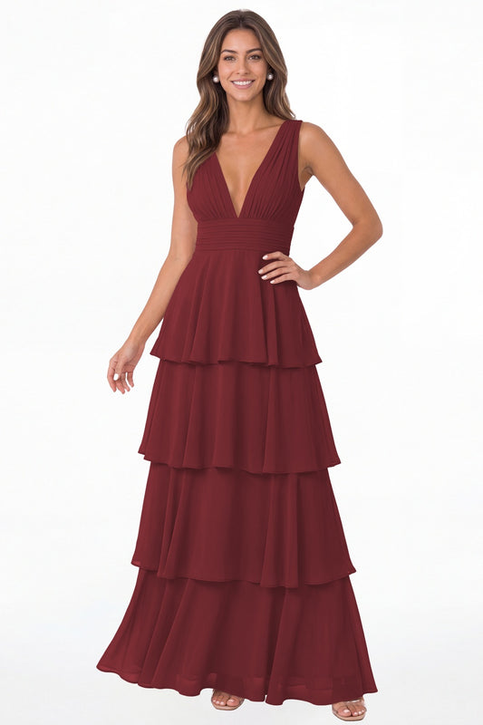 Desert Rose V Neck Tiered Chiffon Maxi Bridesmaid Dress - Front View