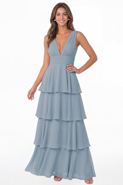 Dusty Blue V Neck Tiered Chiffon Maxi Bridesmaid Dress - Front View