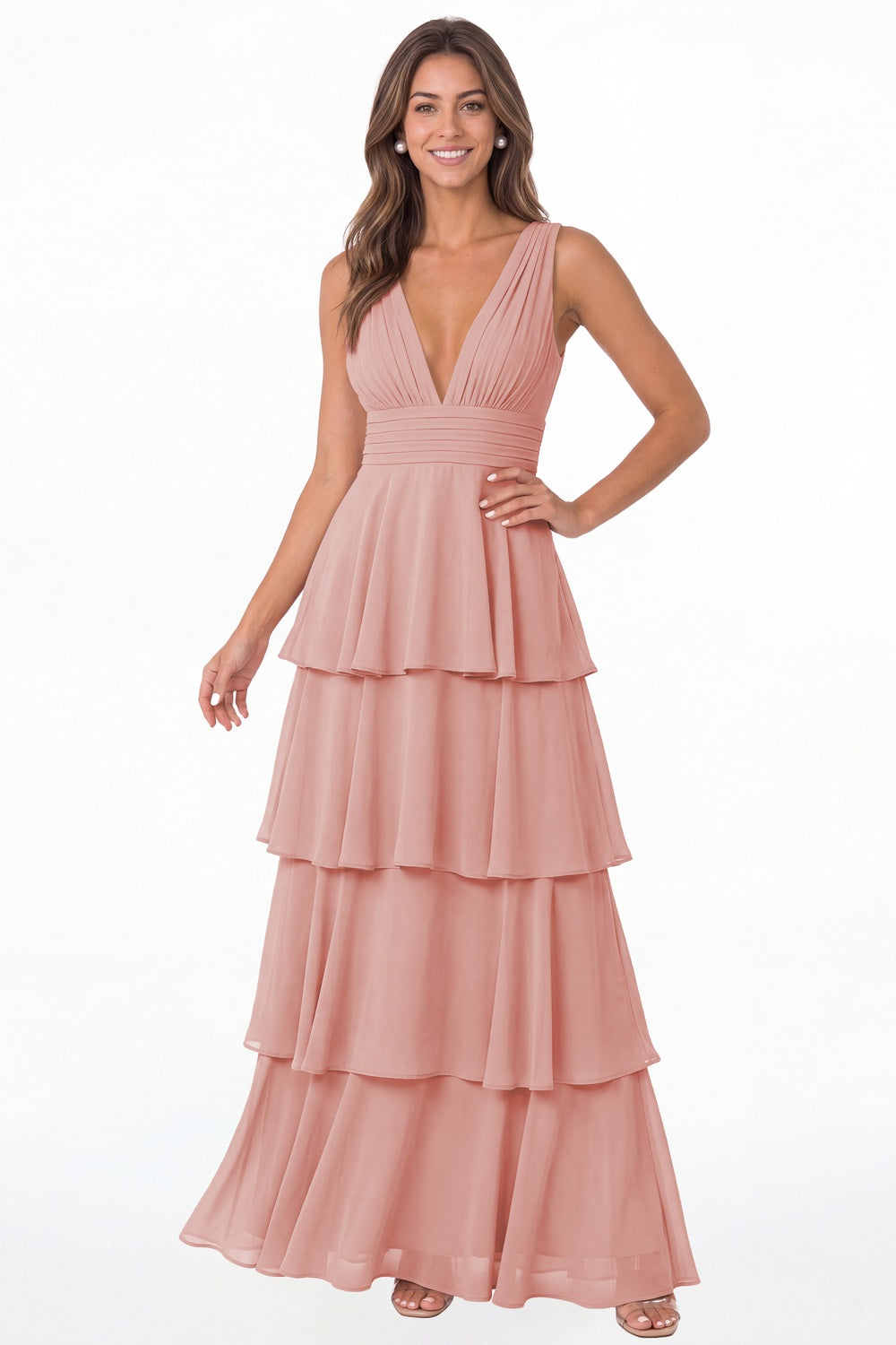 Dusty Rose V Neck Tiered Chiffon Maxi Bridesmaid Dress - Front View