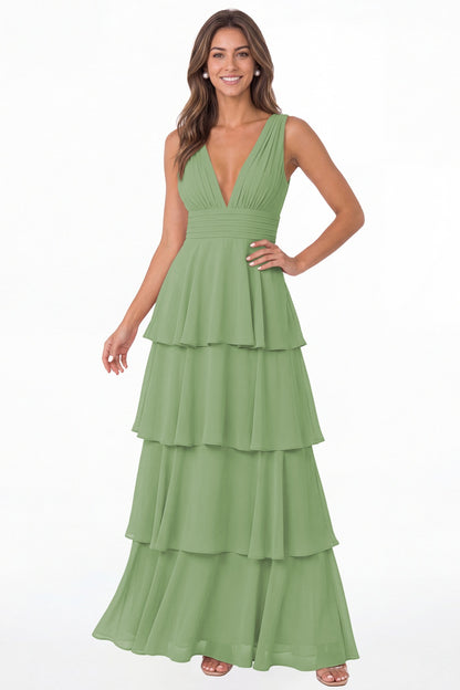 Dusty Sage V Neck Tiered Chiffon Maxi Bridesmaid Dress - Front View