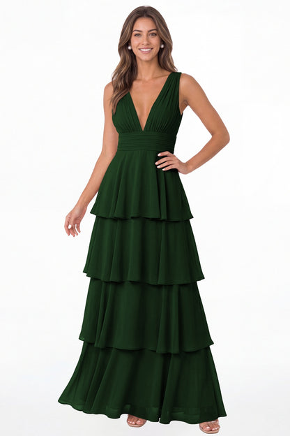 Emerald Green V Neck Tiered Chiffon Maxi Bridesmaid Dress - Front View
