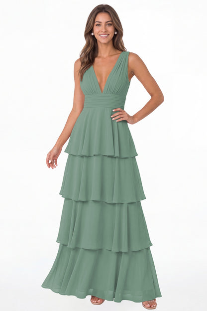 Eucalyptus V Neck Tiered Chiffon Maxi Bridesmaid Dress - Front View