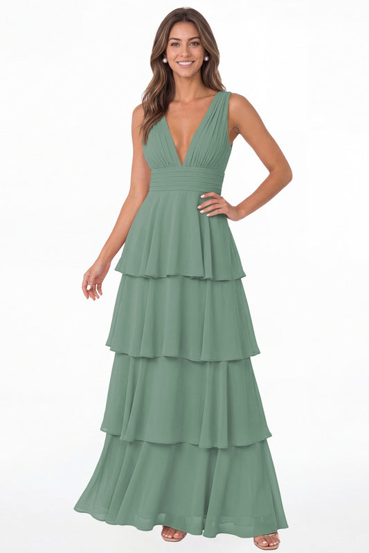 Eucalyptus V Neck Tiered Chiffon Maxi Bridesmaid Dress - Front View