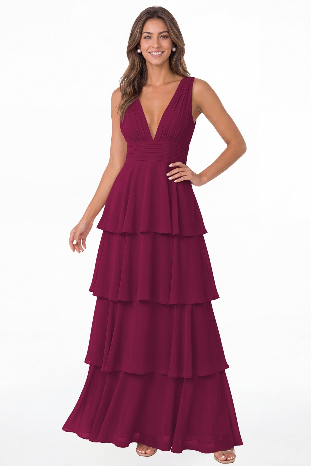 Fuchsia V Neck Tiered Chiffon Maxi Bridesmaid Dress - Front View