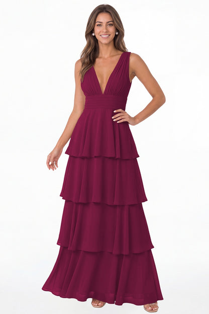Fuchsia V Neck Tiered Chiffon Maxi Bridesmaid Dress - Front View
