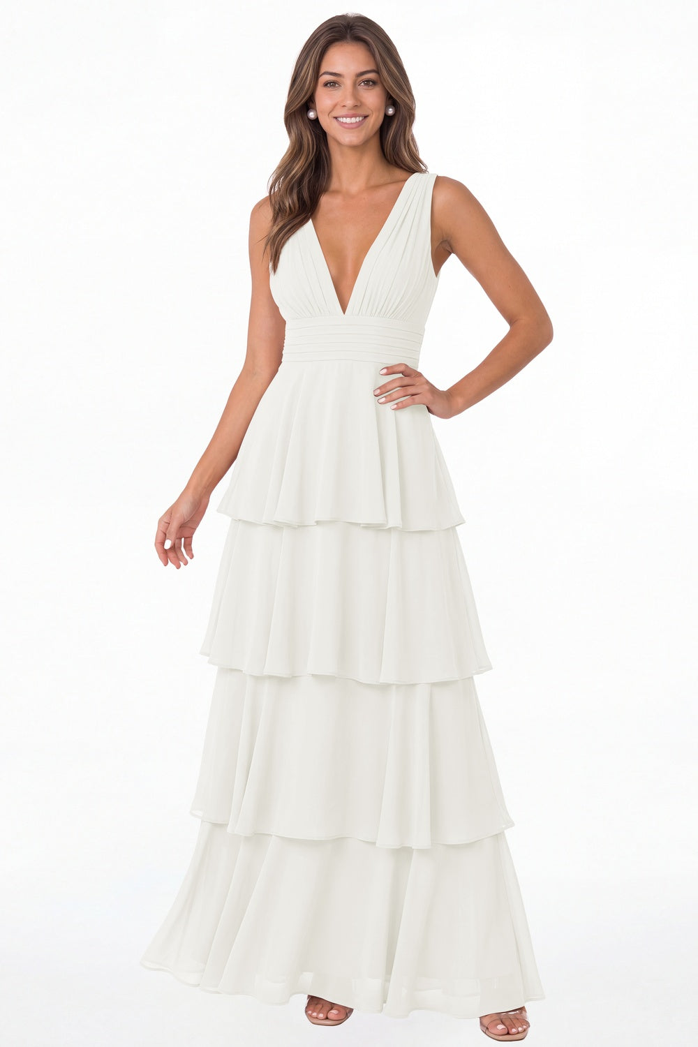 Ivory V Neck Tiered Chiffon Maxi Bridesmaid Dress - Front View