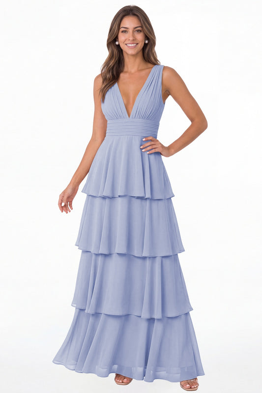 Lavender V Neck Tiered Chiffon Maxi Bridesmaid Dress - Front View