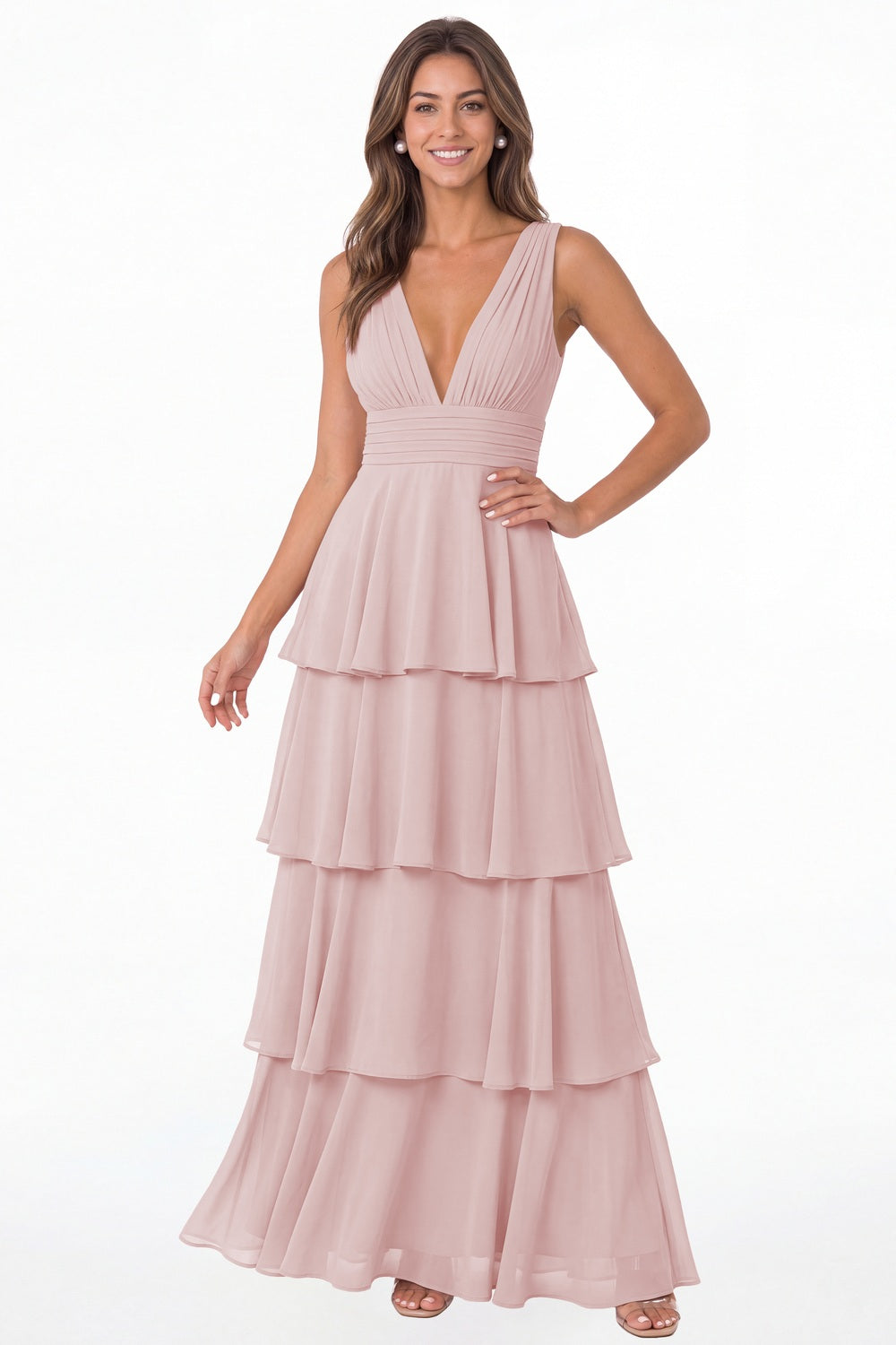 Light Pink V Neck Tiered Chiffon Maxi Bridesmaid Dress - Front View