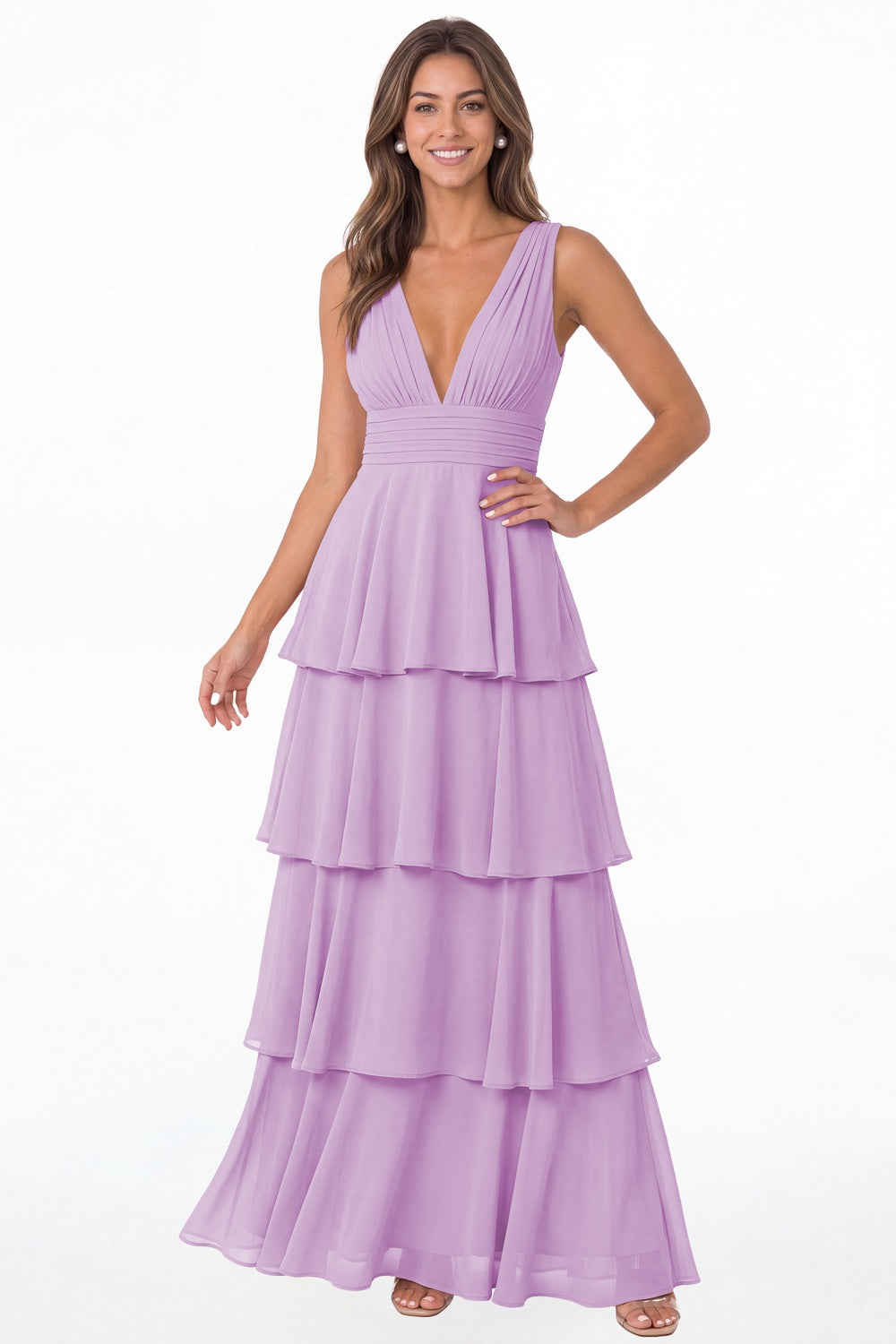 Lilac V Neck Tiered Chiffon Maxi Bridesmaid Dress - Front View