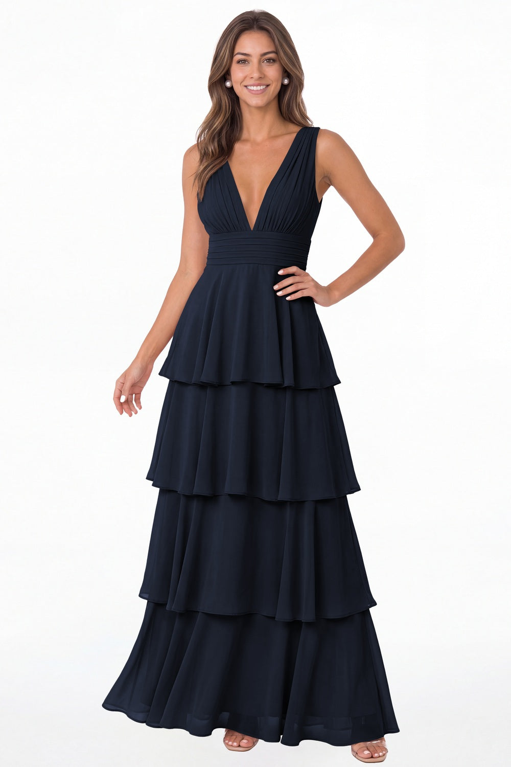 Navy Blue V Neck Tiered Chiffon Maxi Bridesmaid Dress - Front View