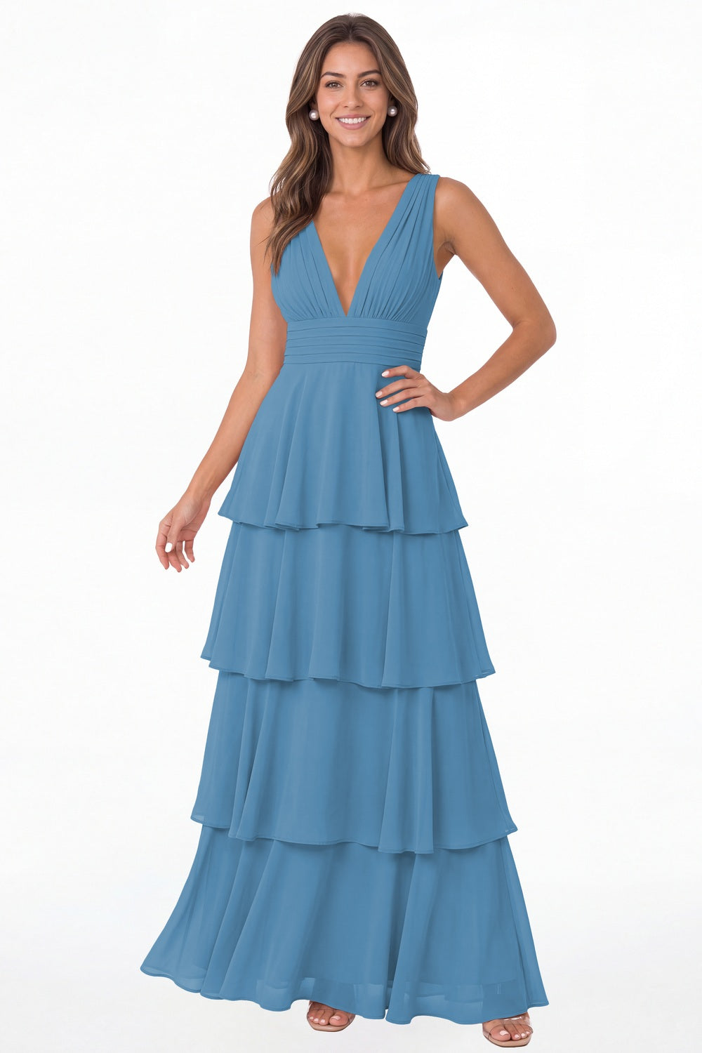 Ocean Blue V Neck Tiered Chiffon Maxi Bridesmaid Dress - Front View