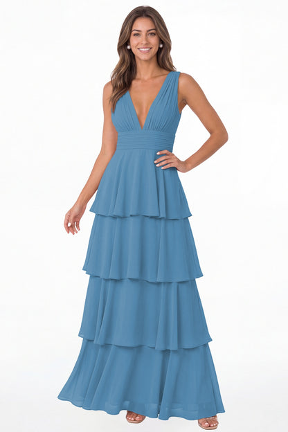 Ocean Blue V Neck Tiered Chiffon Maxi Bridesmaid Dress - Front View