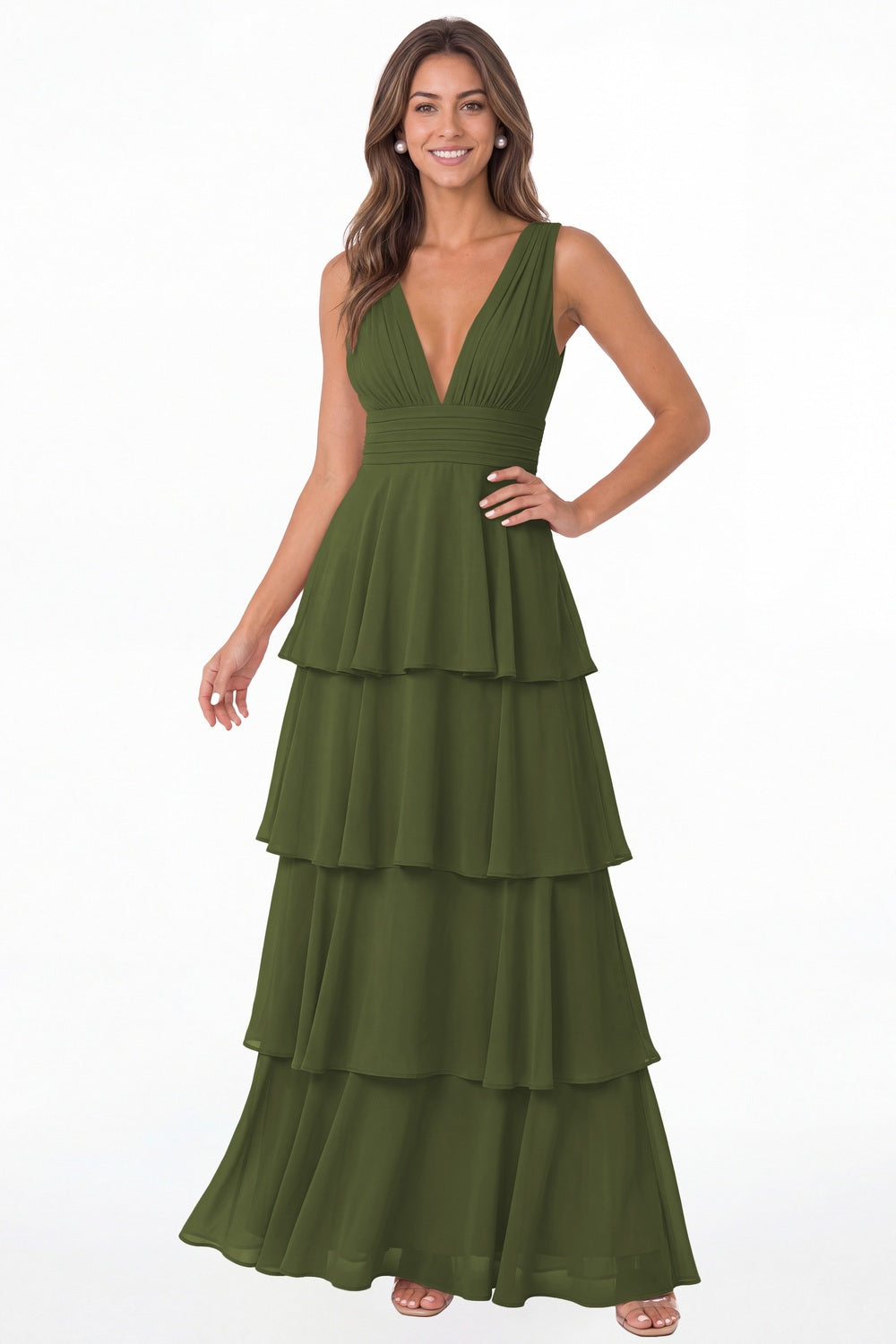 Olive Green V Neck Tiered Chiffon Maxi Bridesmaid Dress - Front View