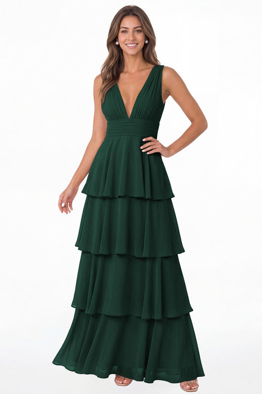 Peacock V Neck Tiered Chiffon Maxi Bridesmaid Dress - Front View