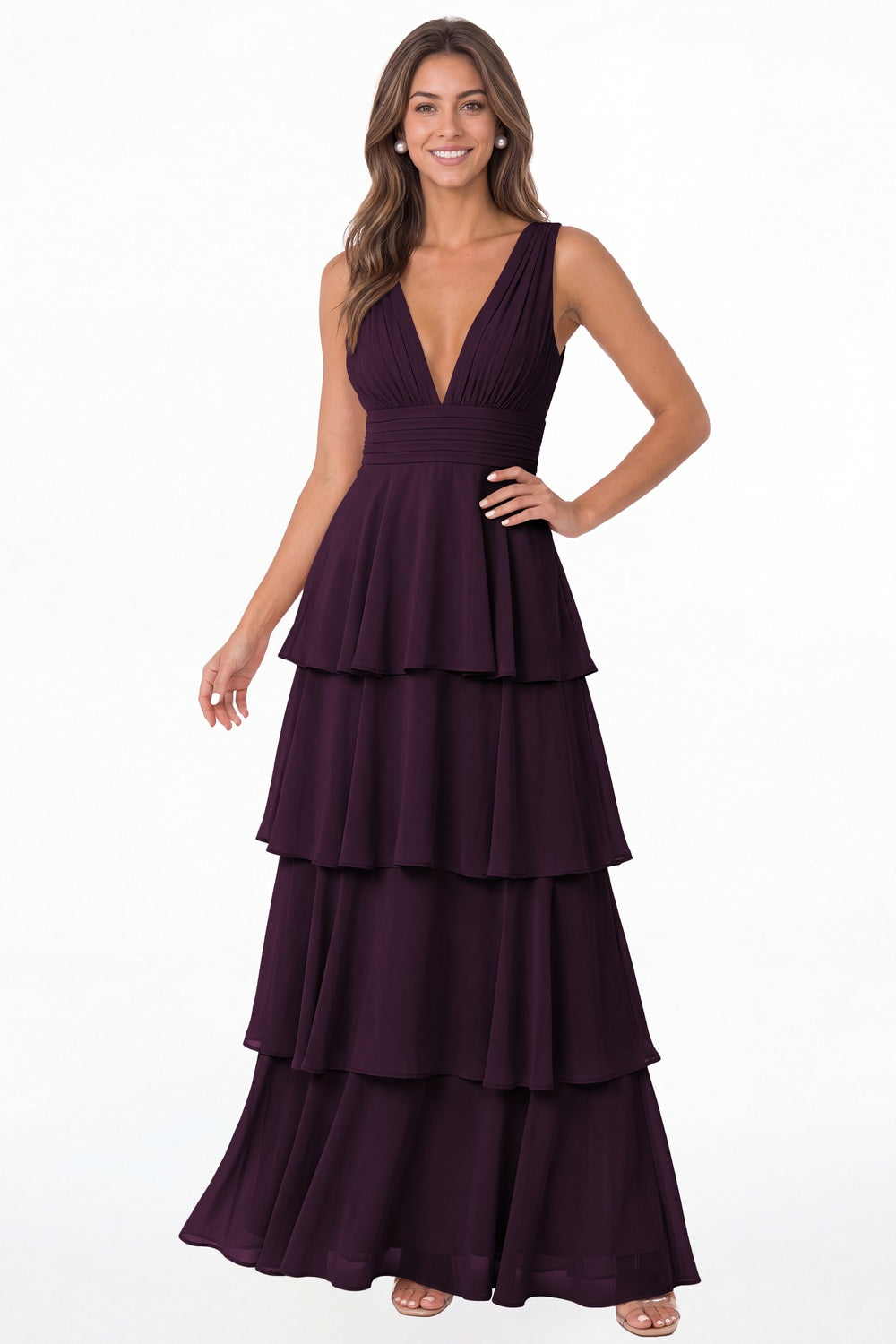Plum V Neck Tiered Chiffon Maxi Bridesmaid Dress - Front View