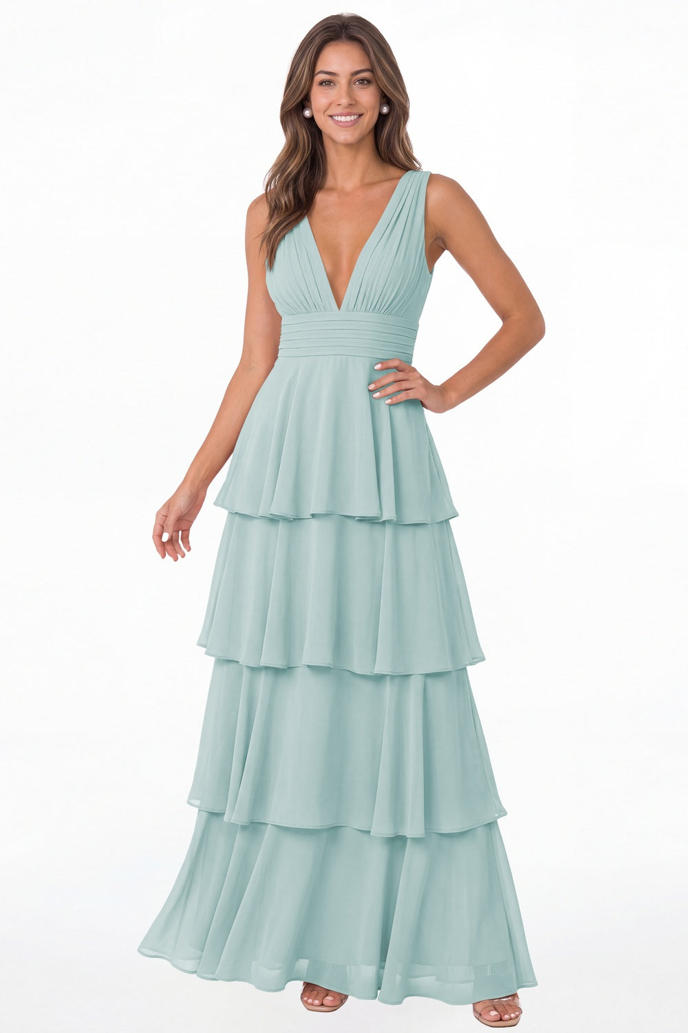 Powder Blue V Neck Tiered Chiffon Maxi Bridesmaid Dress - Front View
