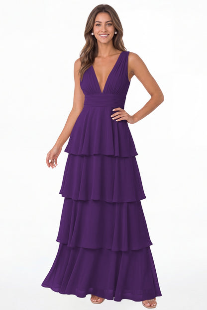Purple V Neck Tiered Chiffon Maxi Bridesmaid Dress - Front View