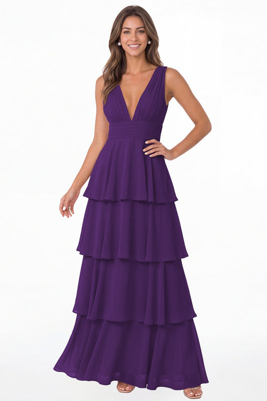 Purple V Neck Tiered Chiffon Maxi Bridesmaid Dress - Front View