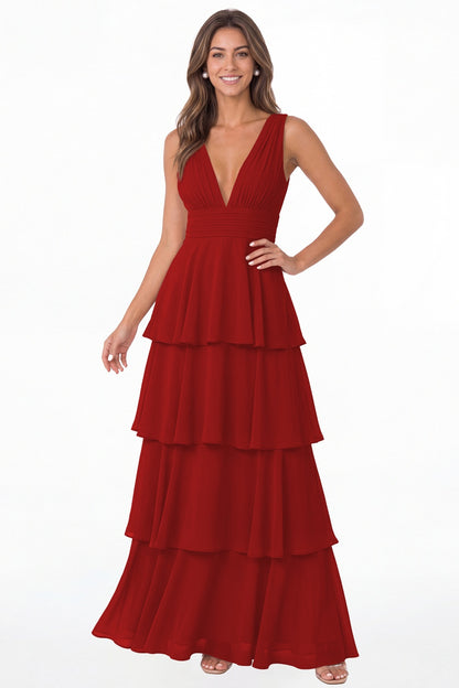 Red V Neck Tiered Chiffon Maxi Bridesmaid Dress - Front View