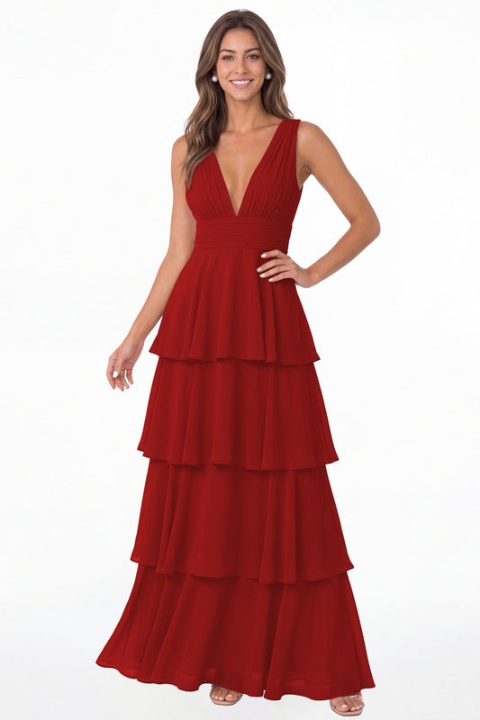 Red V Neck Tiered Chiffon Maxi Bridesmaid Dress - Front View