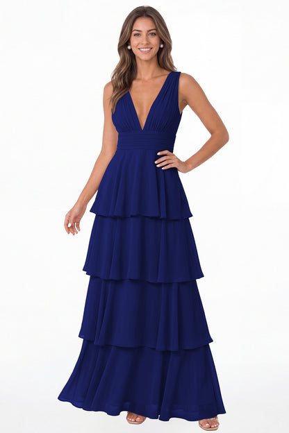 Royal Blue V Neck Tiered Chiffon Maxi Bridesmaid Dress - Front View