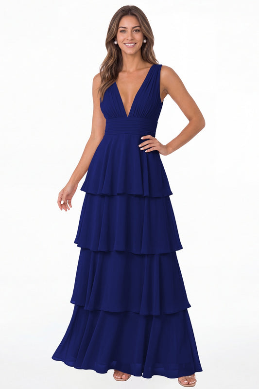 Royal Blue V Neck Tiered Chiffon Maxi Bridesmaid Dress - Front View