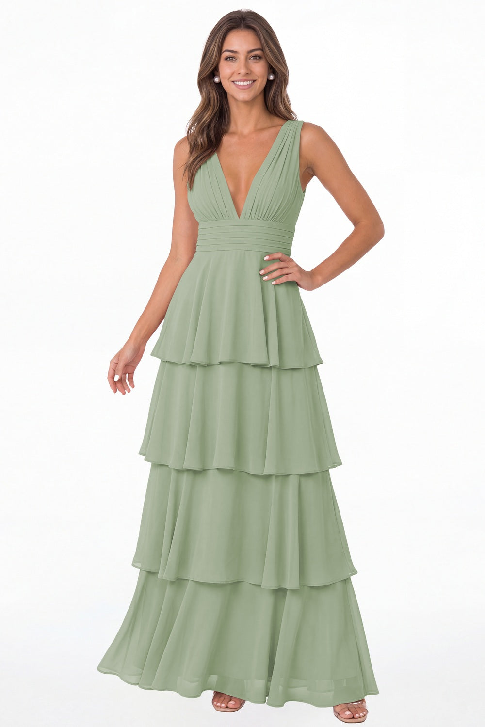 Sage Green V Neck Tiered Chiffon Maxi Bridesmaid Dress - Front View