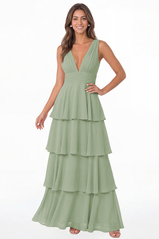 Sage Green V Neck Tiered Chiffon Maxi Bridesmaid Dress - Front View