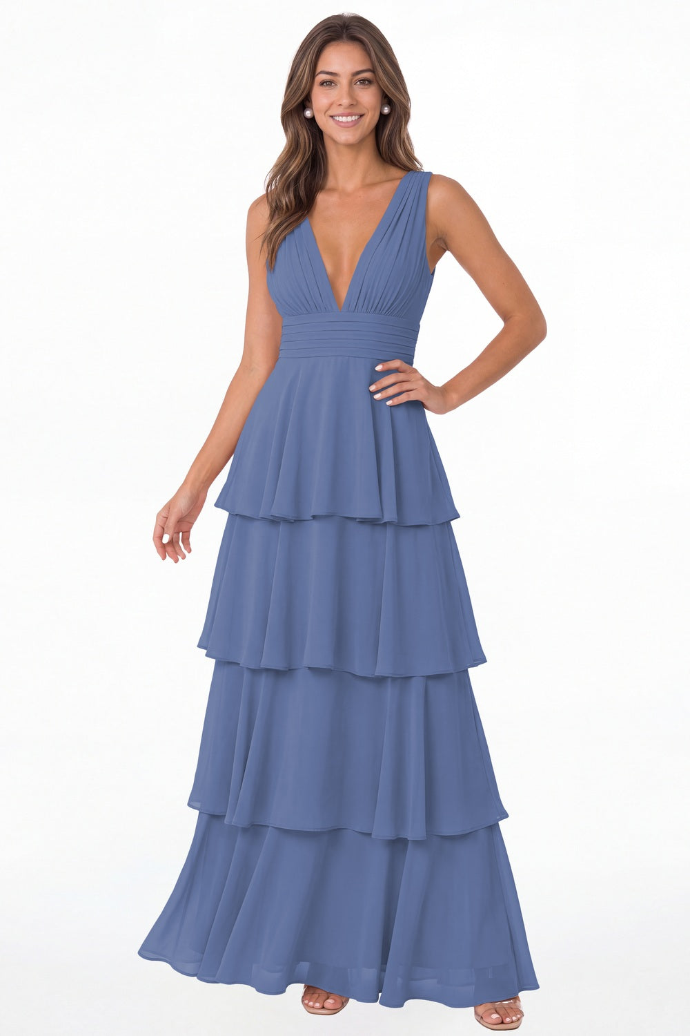 Steel Blue V Neck Tiered Chiffon Maxi Bridesmaid Dress - Front View