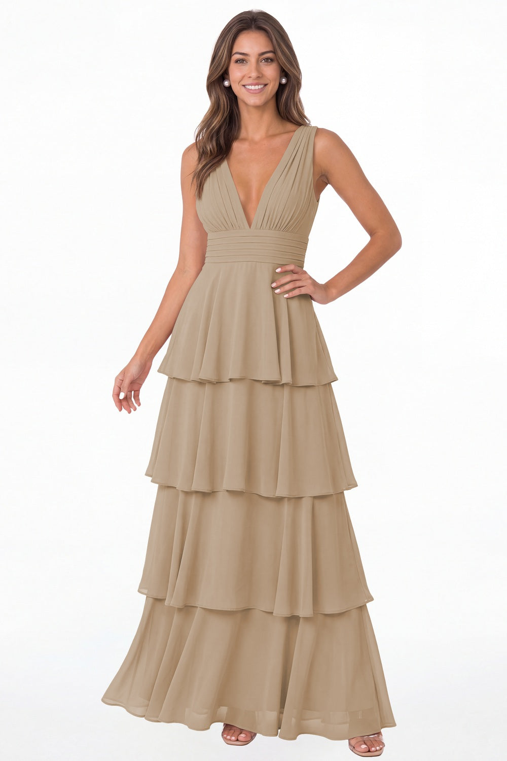 Taupe V Neck Tiered Chiffon Maxi Bridesmaid Dress - Front View