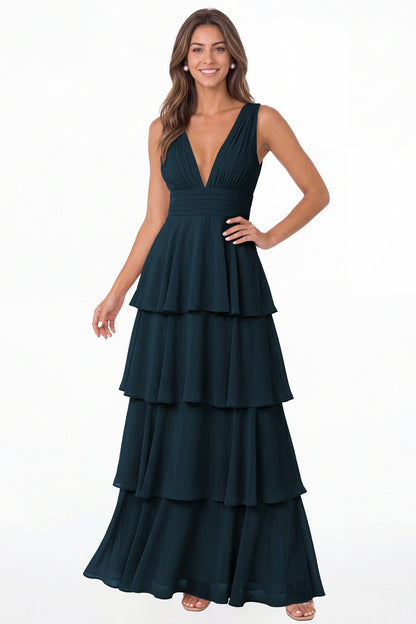Teal V Neck Tiered Chiffon Maxi Bridesmaid Dress - Front View