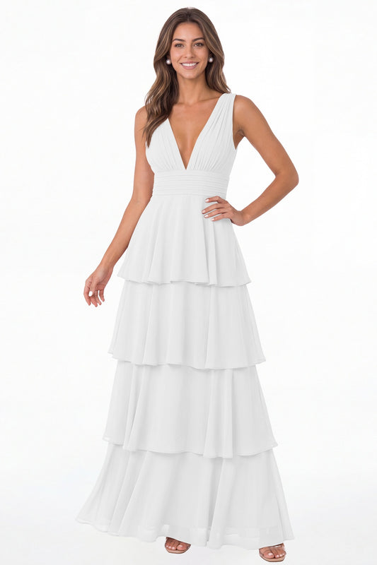 White V Neck Tiered Chiffon Maxi Bridesmaid Dress - Front View