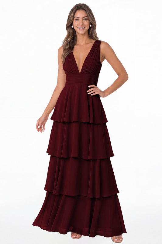 Wine Red V Neck Tiered Chiffon Maxi Bridesmaid Dress - Front View