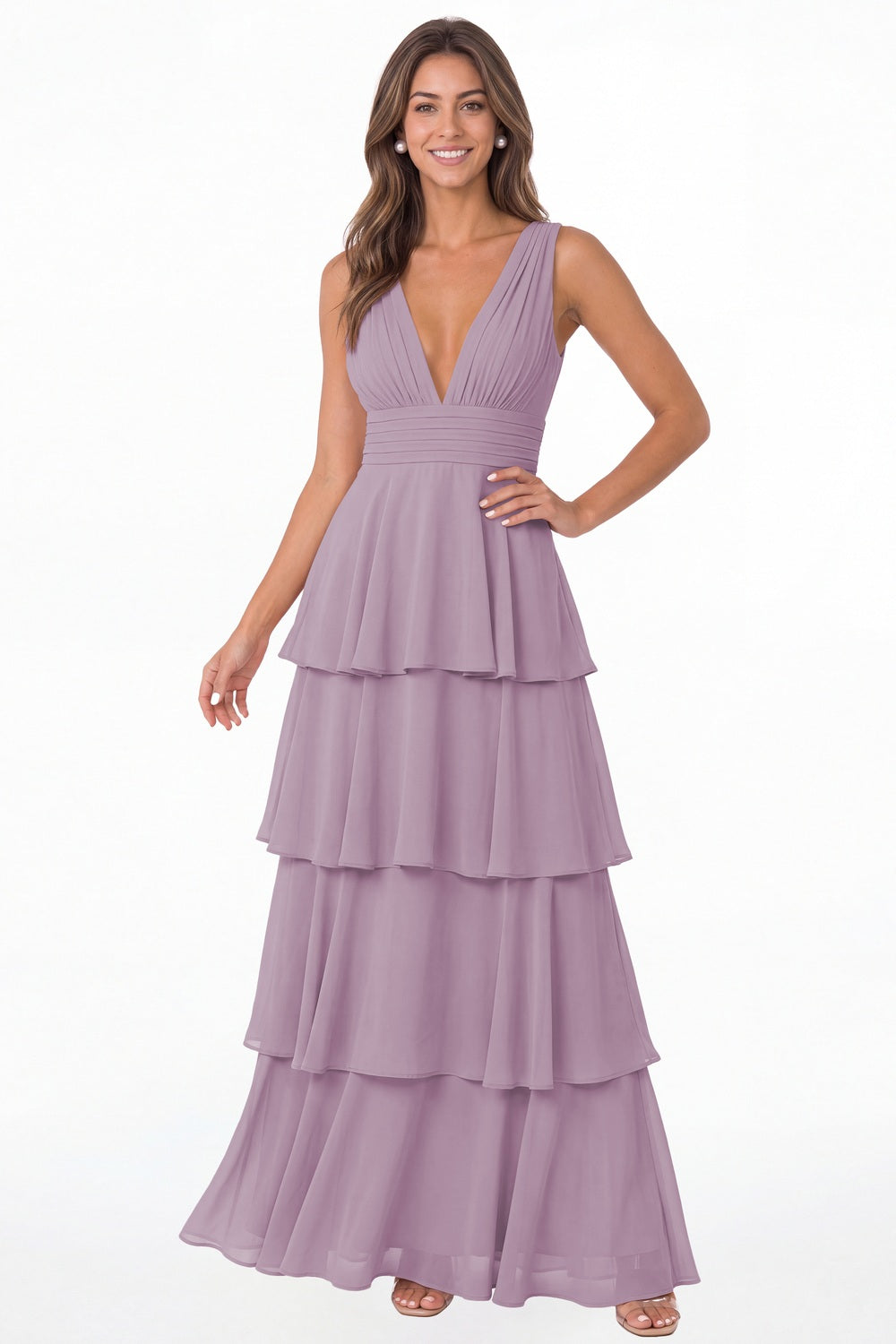 Wisteria V Neck Tiered Chiffon Maxi Bridesmaid Dress - Front View