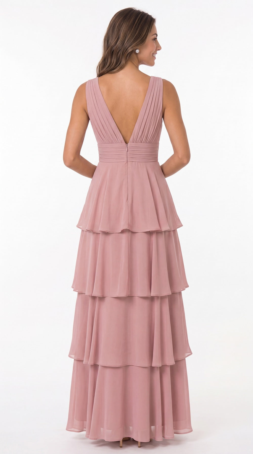 V Neck Tiered Chiffon Maxi Bridesmaid Dress - Detail View 1
