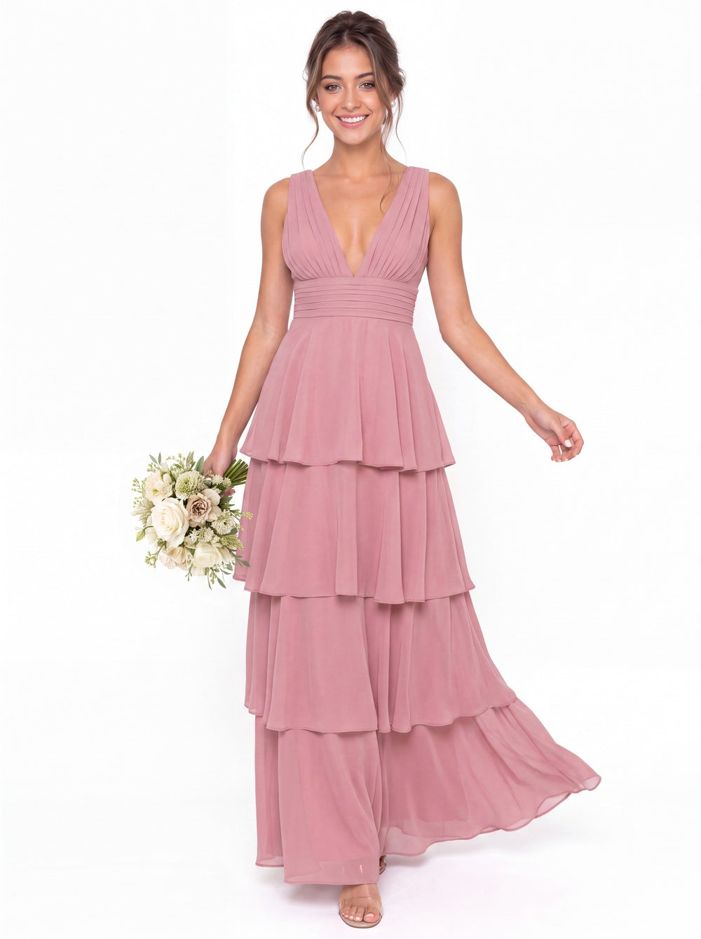 V Neck Tiered Chiffon Maxi Bridesmaid Dress - Detail View 2