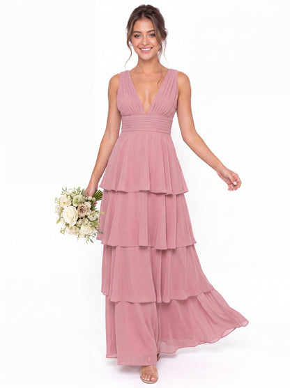 V Neck Tiered Chiffon Maxi Bridesmaid Dress - Detail View 2