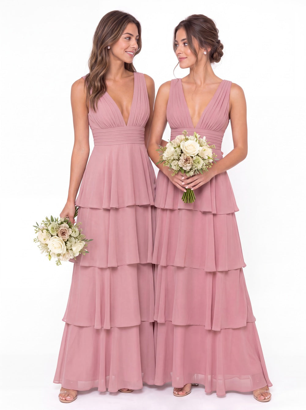 V Neck Tiered Chiffon Maxi Bridesmaid Dress - Detail View 3
