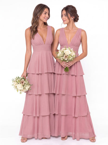 V Neck Tiered Chiffon Maxi Bridesmaid Dress - Detail View 3