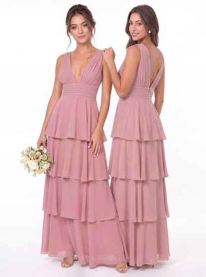 V Neck Tiered Chiffon Maxi Bridesmaid Dress - Detail View 4