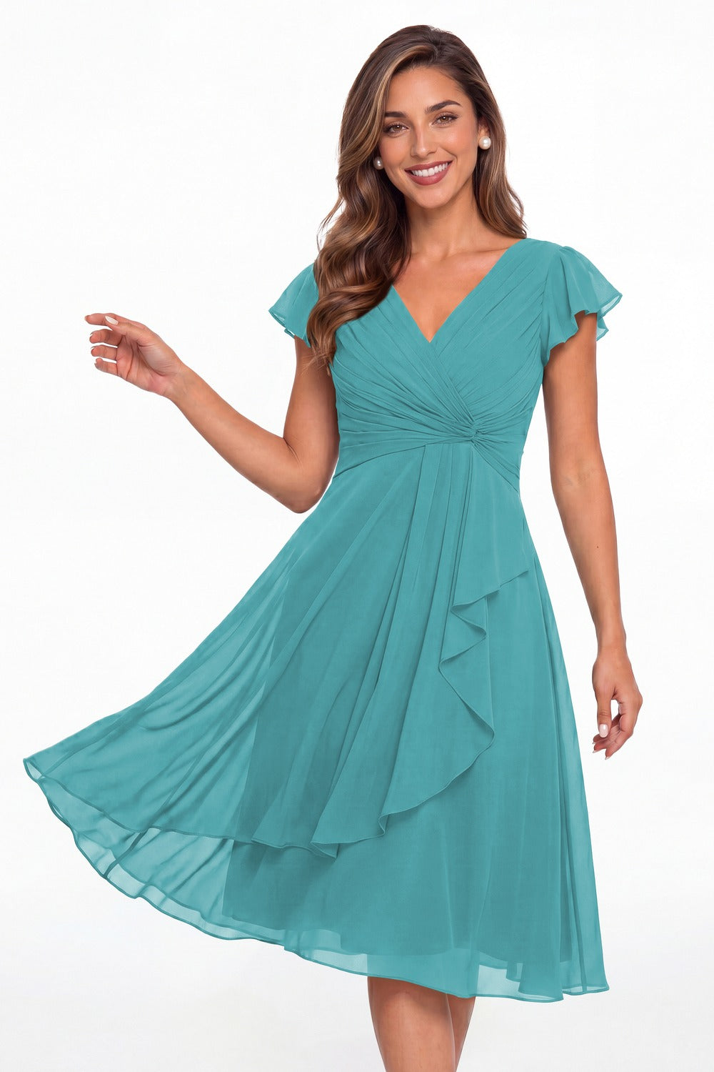 Aqua Blue V Neck Chiffon Flutter Sleeve Short Bridesmaid Dress - Front View