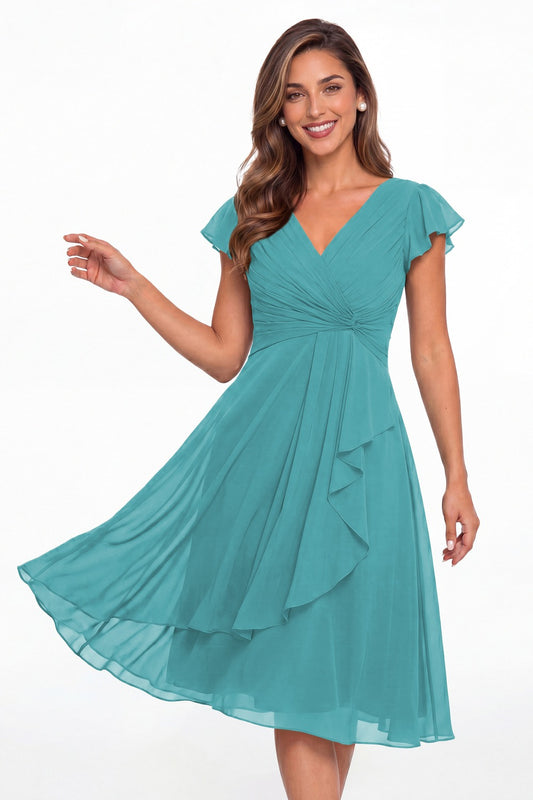 Aqua Blue V Neck Chiffon Flutter Sleeve Short Bridesmaid Dress - Front View