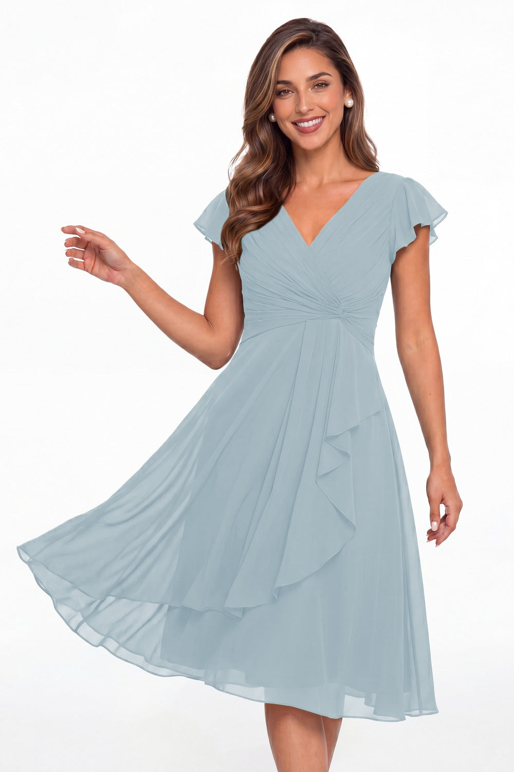 Baby Blue V Neck Chiffon Flutter Sleeve Short Bridesmaid Dress - Front View