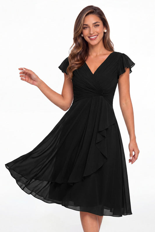 Black V Neck Chiffon Flutter Sleeve Short Bridesmaid Dress - Front View