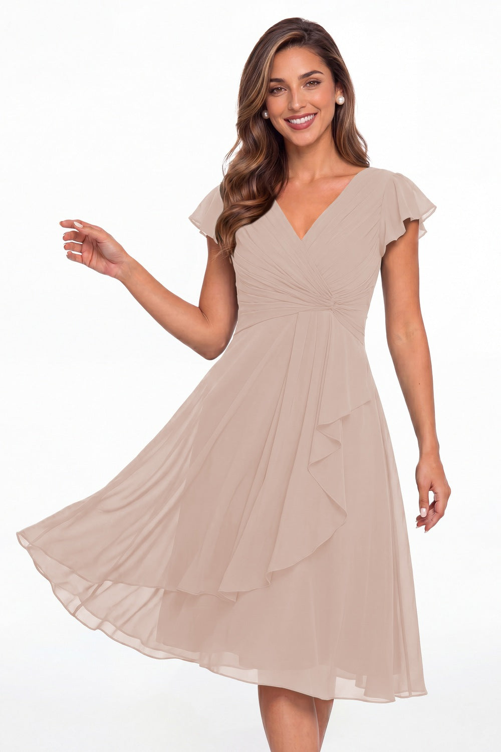 Blush Pink V Neck Chiffon Flutter Sleeve Short Bridesmaid Dress - Front View