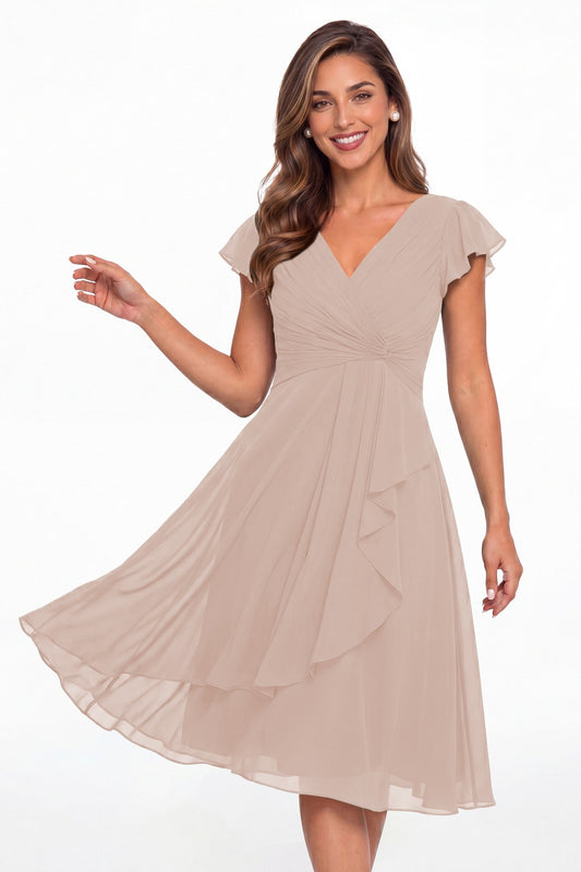 Blush Pink V Neck Chiffon Flutter Sleeve Short Bridesmaid Dress - Front View